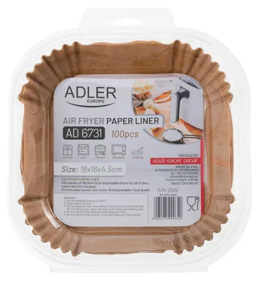 Obrázek produktu pro Pečicí papír Adler AD 6731, odolný do 240 °C, 16x16x4,5 cm, 100 ks.