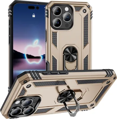 Produktbild von Schutzhülle für iPhone 16 Pro Dual Layer Robust Militäre Fallschutz Hülle mit Ringhalterung Ständer Gold
