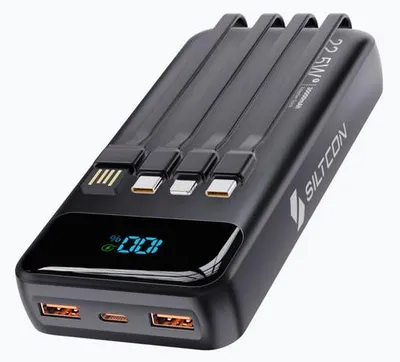 Produktbild von Siltcon® Powerbank 30000 mAh – Powerbanks - 22.5W Schnellladegerät – USB-C / USB-A - LED-Anzeige - Notfallset – universell für Smartphones, Tablets & mehr – 3 Anschlüsse - 4 integrierte Kabel – Schwarz