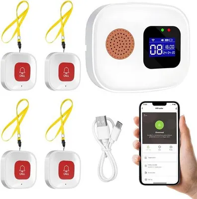Immagine prodotto di Sistema di allarme per anziani con 4 pulsanti - Facile da usare - Per persone anziane - Modello con 4 pulsanti incluso - Funzione di chiamata di emergenza personale
