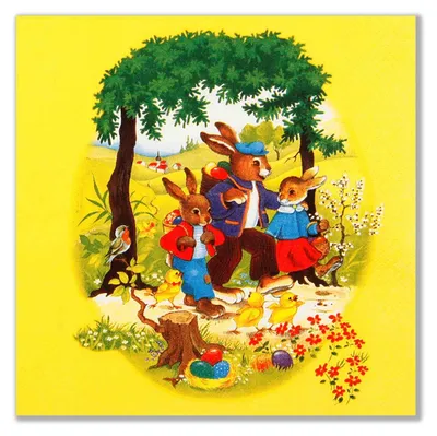 Ein fröhliches Osterbild zeigt eine Hasenfamilie in bunter Kleidung die unter einem Baum spaziert während Küken und bunte Ostereier die Szene beleben und im Hintergrund eine idyllische Landschaft zu sehen ist