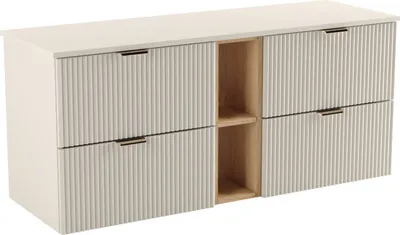 A white cabinet with ribbed drawer fronts and a wooden open shelf section.