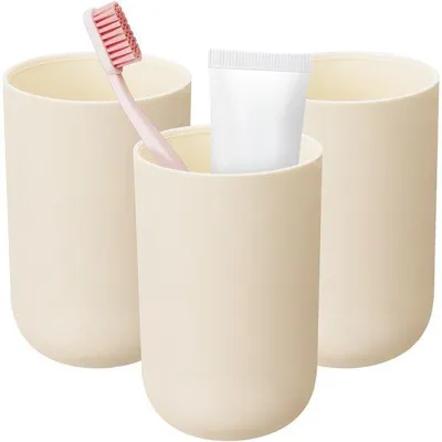Produktbild von Kunststof Tandem-Badkamer-Set mit 3 – 400 ml Bechern, unzerbrechlich und recycelbar, enthält Zahnputzbecher, Zahnputzhalter und Mundwasserbecher (Crème)