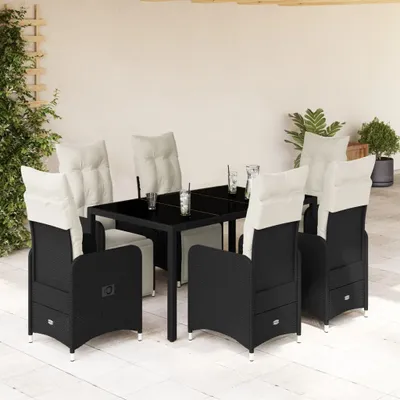 Produktbild von Design 7-tlg. Garten-Bistro-Set mit Kissen Schwarz Poly Rattan, Gartenmöbel-Sets 2024 Neu