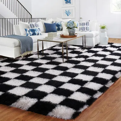 Immagine prodotto di Tappeto a quadretti per soggiorno, 240x300 cm, lavabile, bianco e nero, pelo lungo, antiscivolo