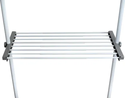 A close-up view of a shelf or rack with multiple horizontal bars, part of a larger structure.