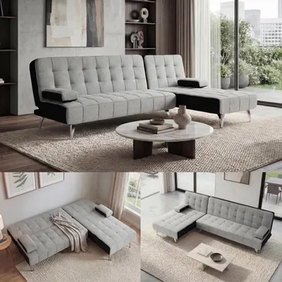 Zdjęcie produktu dla Sofa rozkładana HWC-K22, narożnik rozkładany Sofa, powierzchnia spania lewa/prawa 236cm ~ tkanina/tekstylia jasnoszary, czarny