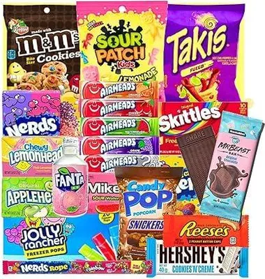 Produktbild von Super Amerikanische Süßigkeiten Snackbox | 10 Teile | USA Import | Box voller Trendprodukte | Perfektes Geschenk+Heartforcards  Versandschutz