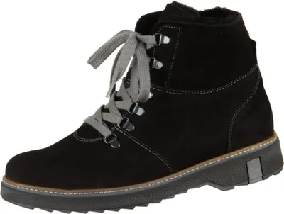 A single black leather boot with grey laces is shown against a white background.