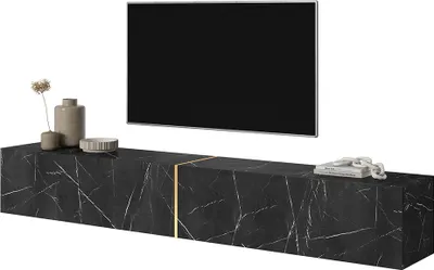 A black marble TV stand with a gold accent and a mounted TV above it.