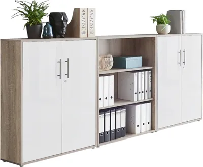 Produktbild von Aktenschrank TABOR 9 in Eiche Sonoma / weiß matt, Schrankwand, Büroschrank, abschließbar, Metallgriffe