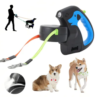 Produktbild von Hundeleinen, 3 m lange doppelte einziehbare Hundeleine für 2 Hunde, Rollleine Gurtleine, flexible Doppelleine, mit LED-Licht, 22 ∗ 14 ∗ 2,5 cm