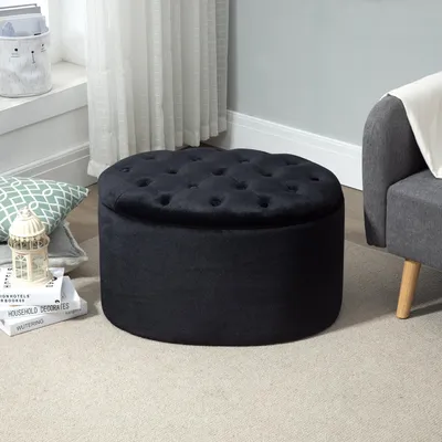Produktbild von SUGIFT Sitzhocker mit Stauraum, Samtoptik Polsterhocker Ottomane oval, Sitztruhe Truhenbank, Schwarz | 71 x 52 x 42 cm | bis 100 kg