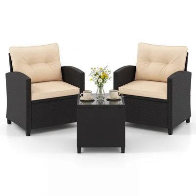 Produktbild von COSTWAY 3-tlg. Gartenmöbel Set Polyrattan, Balkonmöbel mit Kissen, 2 Stühlen & Tisch, Balkonset, Terrassenmöbel, Gartengarnitur, Sitzgruppe Beige