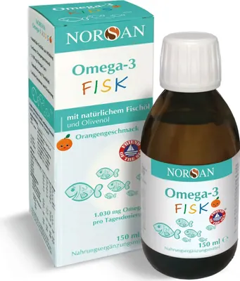 A bottle of Norsan Omega-3 Fisk liquid supplement and its packaging are shown against a white background.