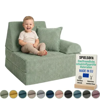 Produktbild von Pillows24 – Spielsofa für Kinder aus Cordstoff | Kindersessel mit waschbarem Bezug | Kindersofa für Spielzimmer – Hergestellt in der EU, Grün