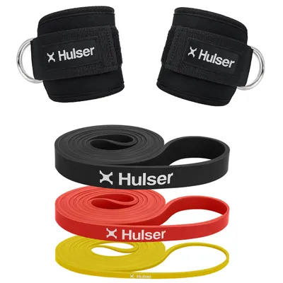 Productafbeelding van Hulser Sportset – Enkelbanden en weerstandsbanden – Set met een gewicht van 2 tot 30 kg – 104/208 cm – 2× enkelbanden – 3× fitnessband voor pull-ups
