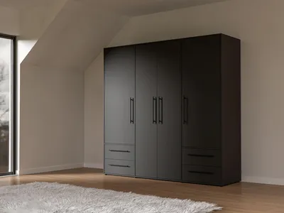 Produktbild von Drehtürenschrank VALGA, 4-türig, Schwarz, mit 5 Fachböden und 1 Kleiderstange