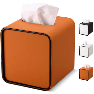 Image de Boîte de mouchoirs en cuir, carrée, 15x15x15,8 cm, couleur orange, avec compartiment de rangement