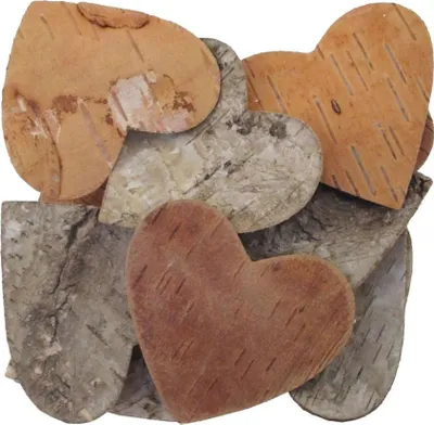 Produktbild von Holz, BIRKE, Rinde, Dekostreu HERZ flach. Ca 9cm, 12 HERZEN.