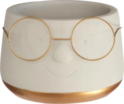 Produktbild von Blumenübertöpfe "Frieda" aus Keramik mit Brille mit Goldrand Übertopf Blumentopf witzig Übertöpfe urig - Ø 13,5 - H 10,5 cm