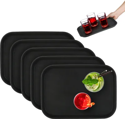 Image de Lot de 5 plateaux de service Relaxdays, surface antidérapante, plateau de serveur carré, restauration, L x P : 35 x 25 cm, noir