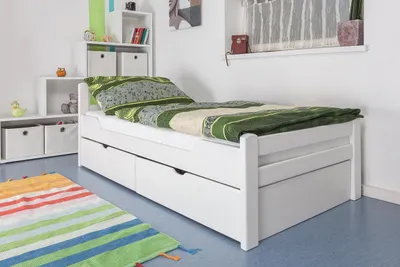 Produktbild von Bett mit Bettkasten 90x200 cm aus Buche Massivholz weiß lackiert modernes Design