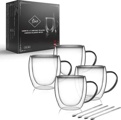 Produktbild von Unyqoos® Doppelwandige Kaffeegläser 4×250 ml – isolierte Latte Macchiato & Cappuccino-Gläser mit Henkel, 4 Edelstahl-Löffel, hitze- und kondensationsbeständiges Borosilikatglas