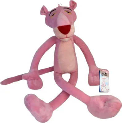 A plush toy of the Pink Panther sitting against a white background.