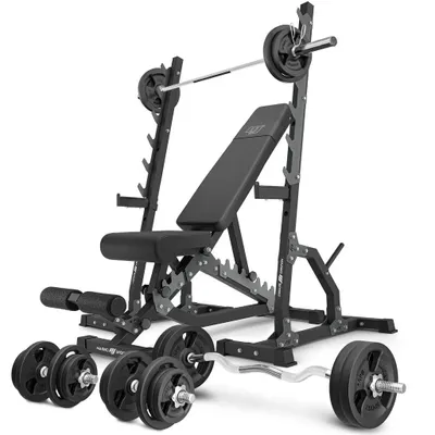 Immagine prodotto di Marbo Sport - Set MS24_2.0_113KG | panca bifacciale + supporto multilivello (2 pezzi) + barra e set di piastre pesi 113 kg