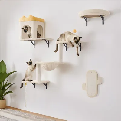 Produktbild von Yaheetech Katzen Kletterwand, 4er Set, inkl. Katzenhöhle Katzenliege Plattformen Kratzbrett & Katzenkorb, Beige