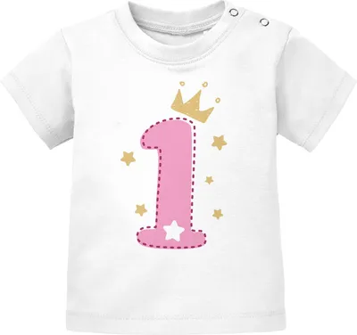 Produktbild von Baby T-Shirt 1. Geburtstag Zahl 1 bzw. 2 mit Krone und Sternen Geburtstagsshirt kurzarm Baumwolle MoonWorks® 1 weiß-rosa 80/86 (10-15 Monate)