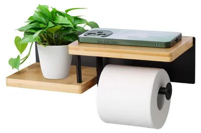 Image de Omgoods - Porte-rouleau de papier toilette en bambou avec étagère et 2 compartiments