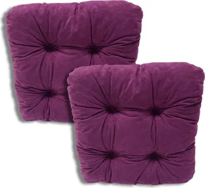 Two purple tufted seat cushions are shown against a white background.
