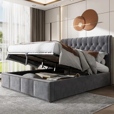 Immagine prodotto di Letto imbottito con contenitore, dimensioni 180x200 cm, grigio, rivestito in velluto, con meccanismo di sollevamento idraulico e rete a doghe, ideale per la camera da letto