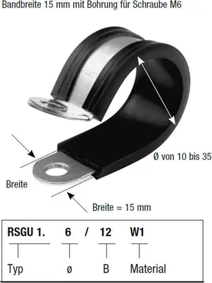 Obrázek produktu pro 10x kabelová svorka RSGU z nerezové oceli W1, šířka pásu 15 mm, průměr 6 mm