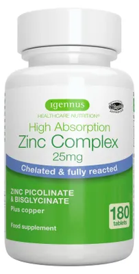 Zdjęcie produktu dla Cynk Complex 25 mg z miedzią – pikolinian cynku, diglicynian cynku i miedzi, odporność, skóra, włosy, paznokcie – Igennus 180 tabletek