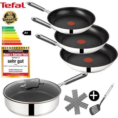 Produktbild von Tefal J90938 Jamie Oliver Pfannenset Induktion 7 TLG, Schmorpfanne mit Deckel 25 cm, Pfannen 28 cm + 26 cm + 20 cm, Bratpfanne, Pfanne