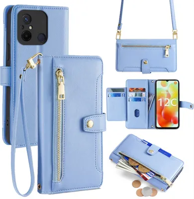 Produktbild von Handykette Xiaomi Hülle mit Band Handyhülle Kartenfächer Kunstleder Umhängetasche Redmi 12C Hellblau