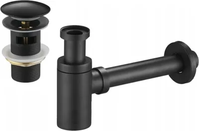 A black sink drain assembly and bottle trap are shown against a white background.