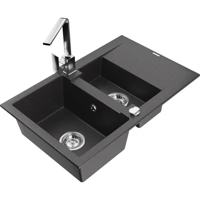 Obrázek produktu pro Mexen Gaspar 1,5-miskový granitový dřez s odkapávačem a kuchyňskou baterií Rita, Skvrnitá černá - 6507-76-670300-00