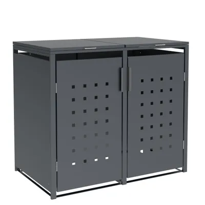 A dark gray metal trash bin enclosure with two doors, each featuring a pattern of small squares.