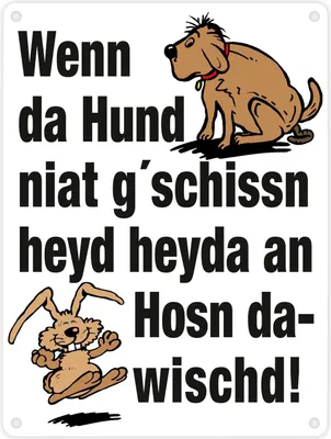 Produktbild von Hund und Hase Metallschild in 15x20 cm mit Spruch Hund gschissn, Hosn dawischd