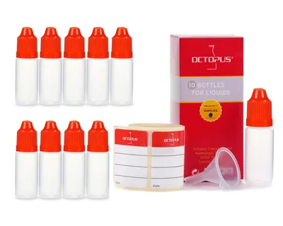 Produktbild von 10 Plastikflaschen 10 ml aus LDPE, G14, Tropfverschluss, Kindersicherung, rot + 1 Minitrichter
