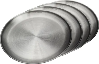 Produktbild von Camping-Teller Set aus Edelstahl - Flache Outdoor-Teller Ø 23?cm für Picknick, Trekking & Reisen - robust, rostfrei & pflegeleicht - 4er Set - Silber