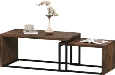 Produktbild von 2er-Set Couchtisch, Sofatisch, Beistelltisch, MDF, Metall, 90 x 48 x 42 cm/59 x 42 x 36 cm, Schwarz+Braun
