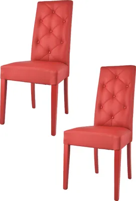 Two red dining chairs are shown against a white background.