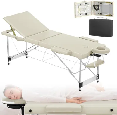 Image de ACXIN table de massage en aluminium pliable et réglable en hauteur avec 3 zones, capacité de charge 230 kg, rembourrage en mousse de 8,5 cm, sac de transport, appui-tête et accoudoirs latéraux inclus (beige)