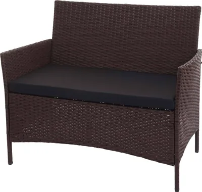 A brown poly-rattan garden bench with a black cushion, shown against a white background.