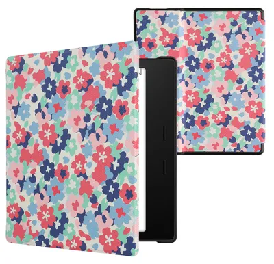 Produktbild von kwmobile Schutzhülle für Amazon Kindle Oasis 10. Generation Hülle - eReader Flip Case mit Auto Sleep Funktion - Pastellblumen mit Rot Altrosa Blau